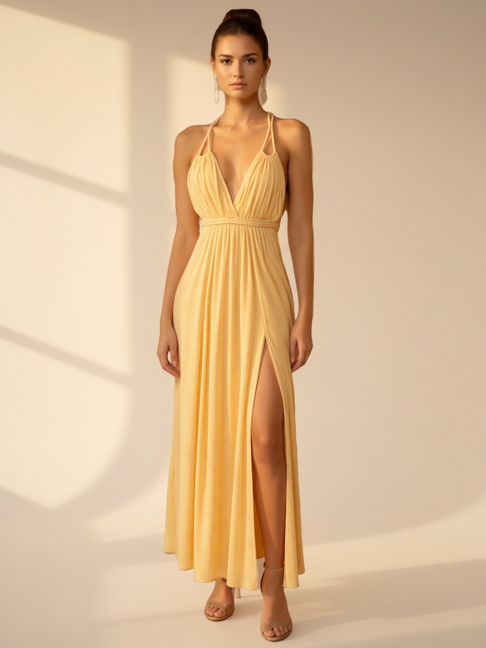 Poupette St. Barth Sunbeam Yellow Plunging Halter Maxi Dress